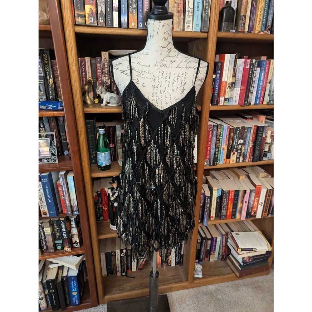 Brand New Aqua Women's Small Black Sequin Fringe Mini Party Dress Swinger